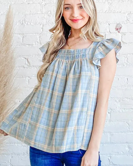 And The Why Plaid Print Smocked Detail Ruffle Baby Doll Top