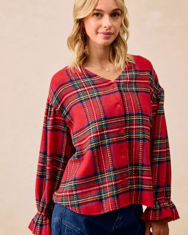 BiBi Christmas Plaid V-Neck Flounce Sleeve Jacket