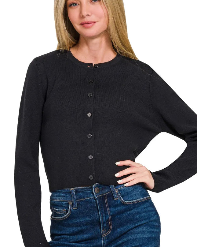 Zenana Button-Front Crewneck Long Sleeve Cropped Cardigan BLACK