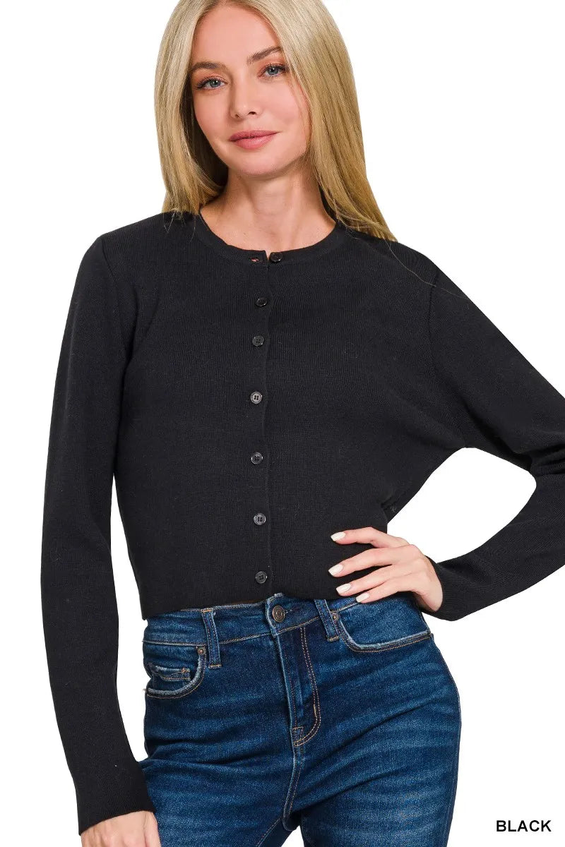 Zenana Button-Front Crewneck Long Sleeve Cropped Cardigan BLACK