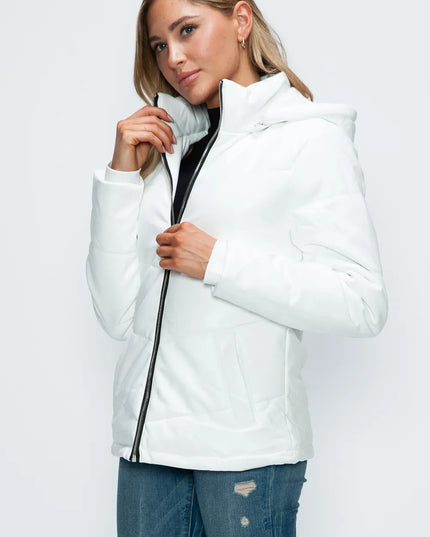 How Dare U Pocketed Zip Up Puffer Jacket with Removable Hood