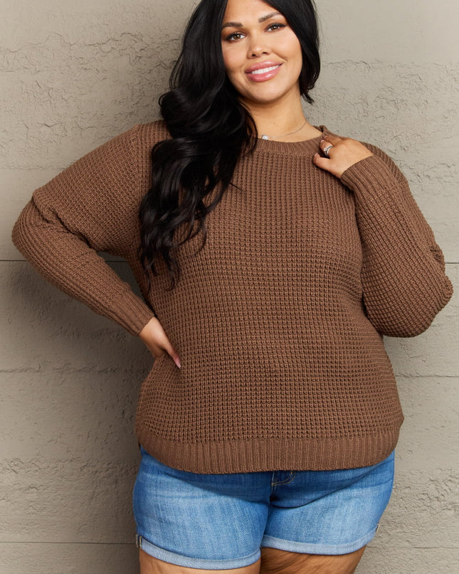 Zenana Breezy Days Plus Size High Low Waffle Knit Sweater Brown