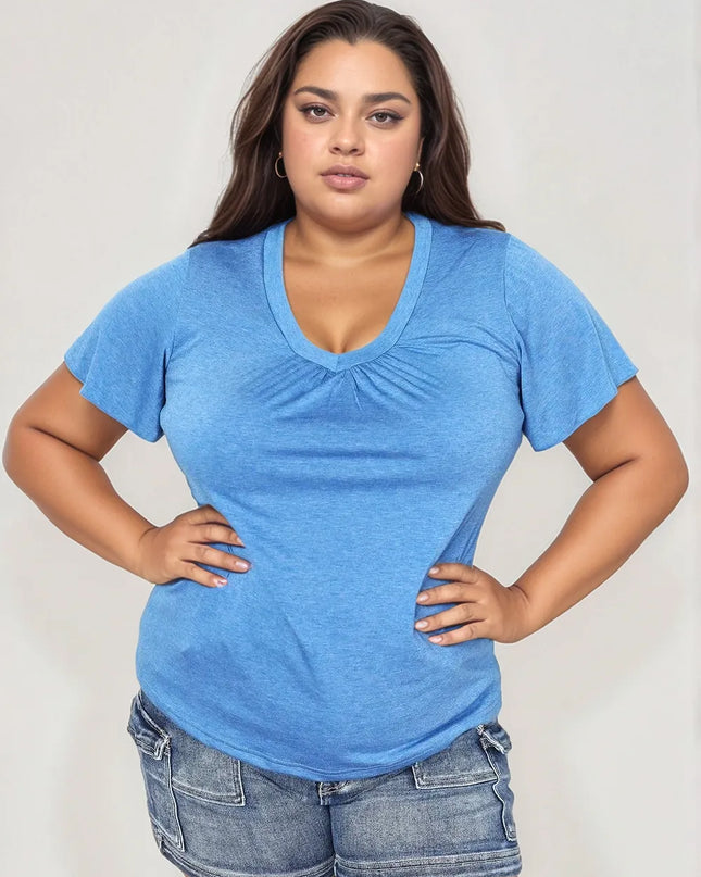 Double Take Ruched V-Neck Short Sleeve T-Shirt Sky Blue