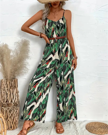 Tropical Print Spaghetti Strap Wide Leg Jumpsuit