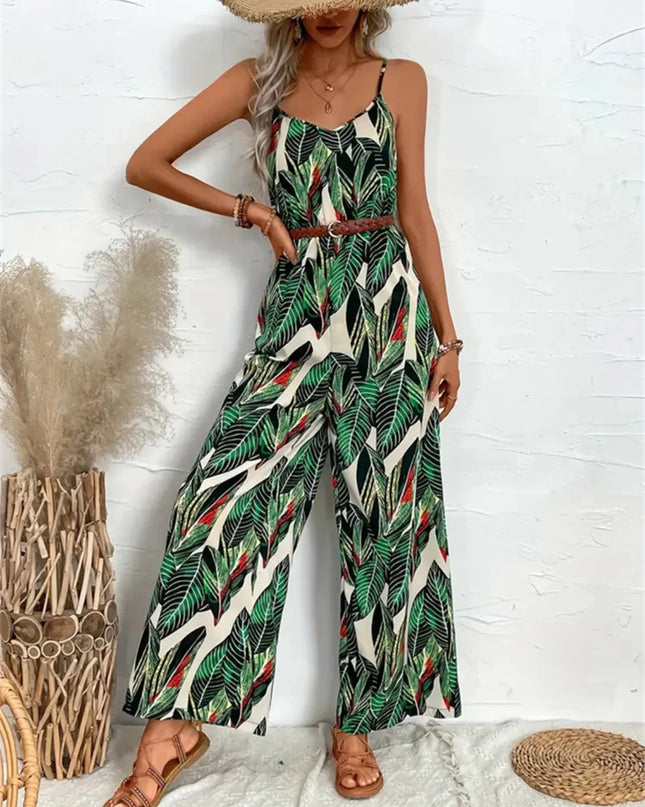 Tropical Print Spaghetti Strap Wide Leg Jumpsuit