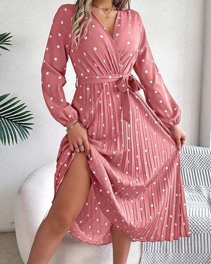 Front Tie Polka Dot Midi Pleated Dress
