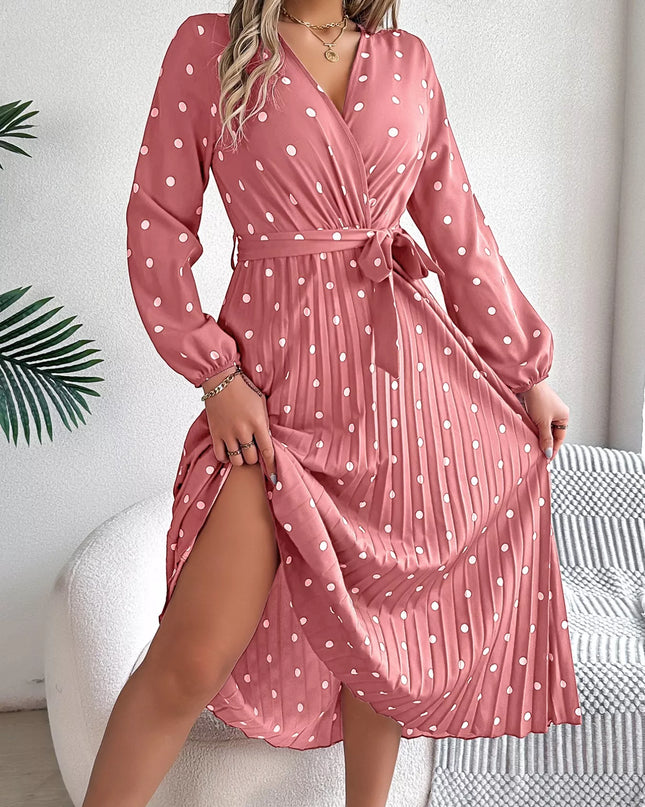 Front Tie Polka Dot Midi Pleated Dress