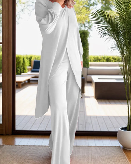 Full Size Slit Round Neck Long Sleeve Top and Pants Set White