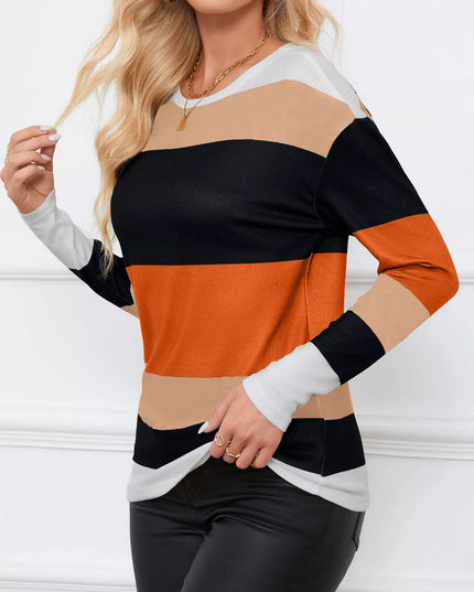 Leopard Color Block Striped Knit Top Orange
