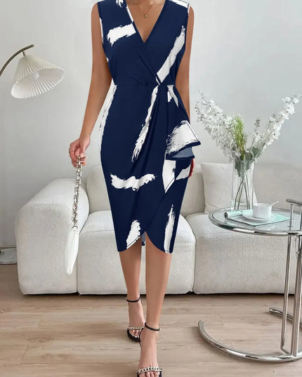Printed Surplice Sleeveless Knee Length Dress Dark Blue