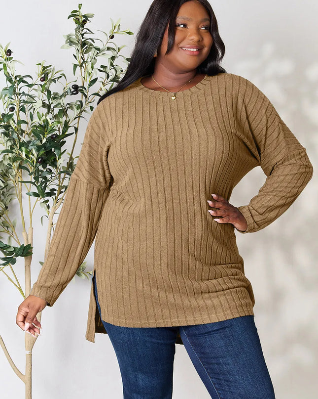 Basic Bae Full Size Ribbed Round Neck Long Sleeve Slit Top Khaki