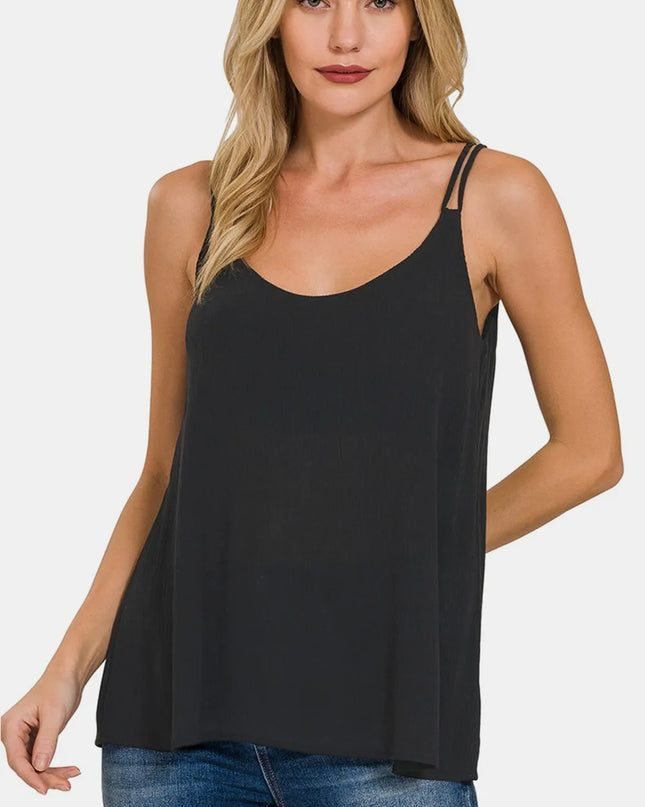Zenana Woven Double Spaghetti Strap V-Neck Cami BLACK
