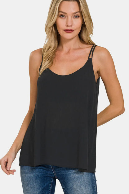 Zenana Woven Double Spaghetti Strap V-Neck Cami BLACK