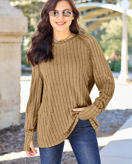 Basic Bae Full Size Ribbed Round Neck Long Sleeve Knit Top