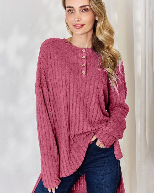 Basic Bae Full Size Ribbed Half Button Long Sleeve High-Low T-Shirt Hot Pink