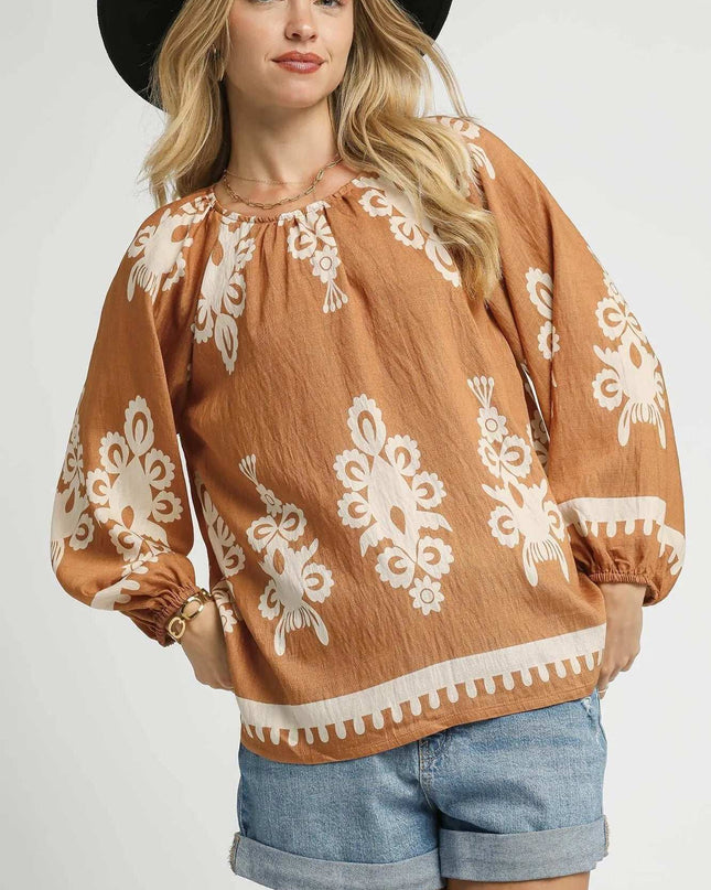 Umgee Full Size Two Tone Border Print Top with Balloon Sleeves Plus Size MOCHA