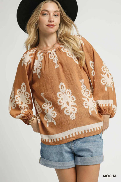 Umgee Full Size Two Tone Border Print Top with Balloon Sleeves Plus Size MOCHA