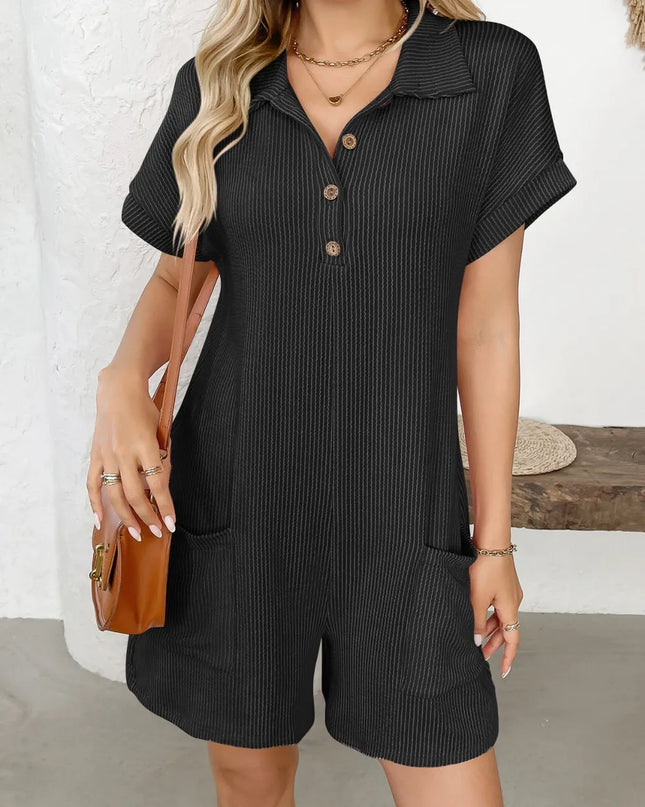 Button Detail Collared Neck Short Sleeve Romper