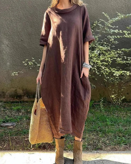 Full Size Casual Loose Fit Round Neck Midi Dress Plus Size Brown