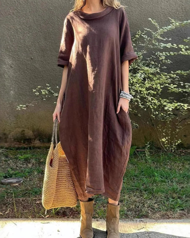 Full Size Casual Loose Fit Round Neck Midi Dress Plus Size Brown