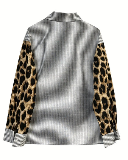 Leopard Print Sleeve Striped Button-Down Shirt