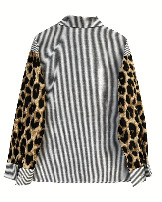 Leopard Print Sleeve Striped Button-Down Shirt