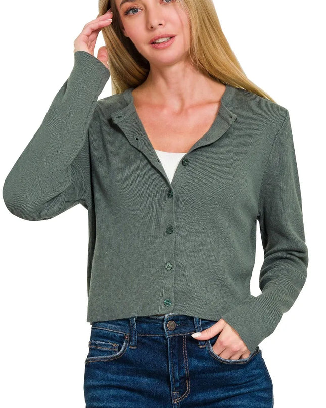 Zenana Button-Front Crewneck Long Sleeve Cropped Cardigan