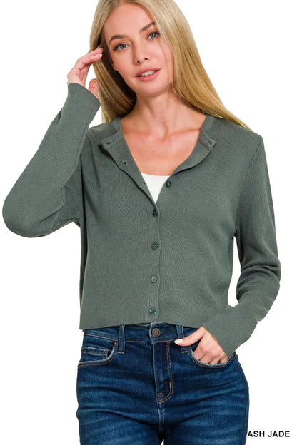 Zenana Button-Front Crewneck Long Sleeve Cropped Cardigan