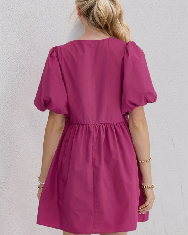 Oh Bow Ruched Puff Sleeve Mini Dress