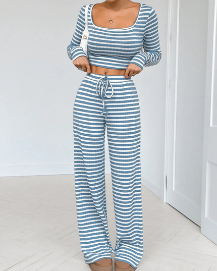 Striped Square Neck Long Sleeve Top and Pants Lounge Set