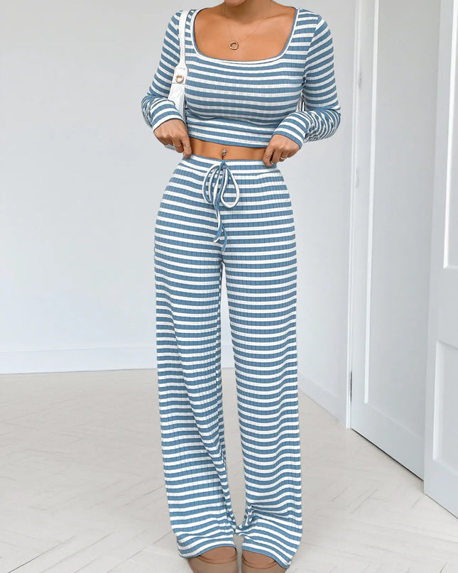 Striped Square Neck Long Sleeve Top and Pants Lounge Set