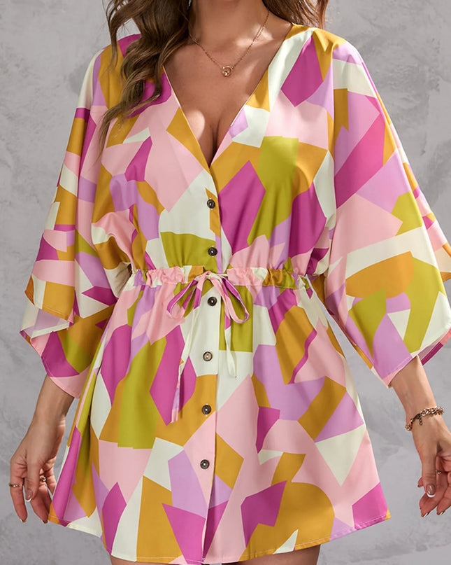 Color Block Drawstring Waist Button Up Dress