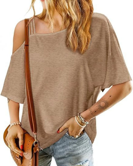 Asymmetrical Neck Half Sleeve T-Shirt Khaki