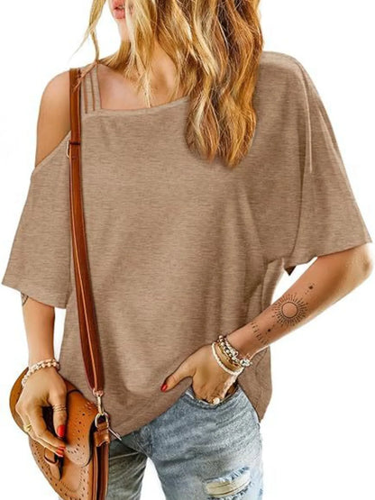 Asymmetrical Neck Half Sleeve T-Shirt Khaki