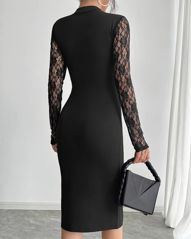Lace Mock Neck Slit Dress