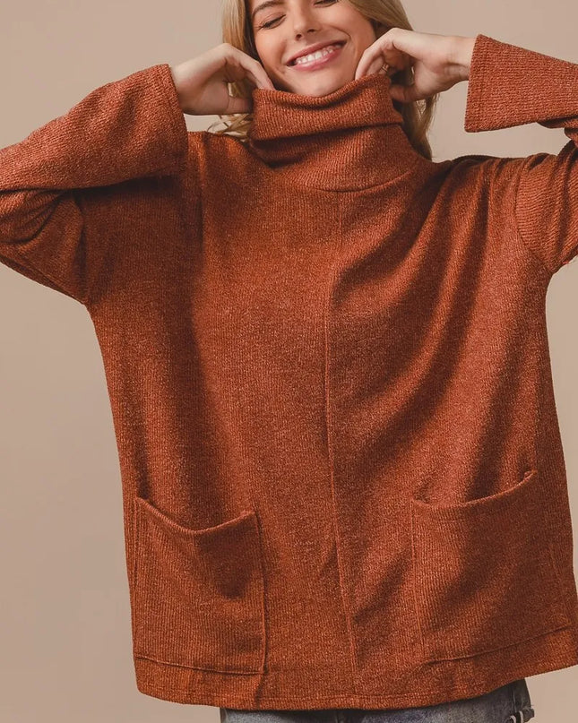 BiBi Piper Rib Double Pocket Turtle Neck Sweater