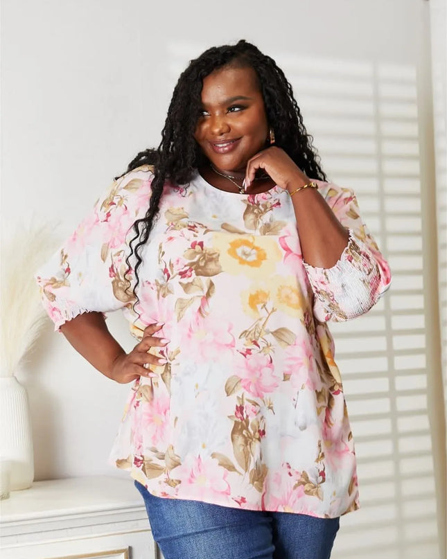 Double Take Floral Round Neck Three-Quarter Sleeve Top