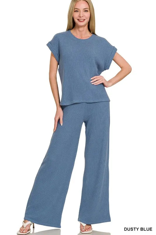 Zenana Rolled Sleeve Top and Pants Sweater Set DUSTY BLUE