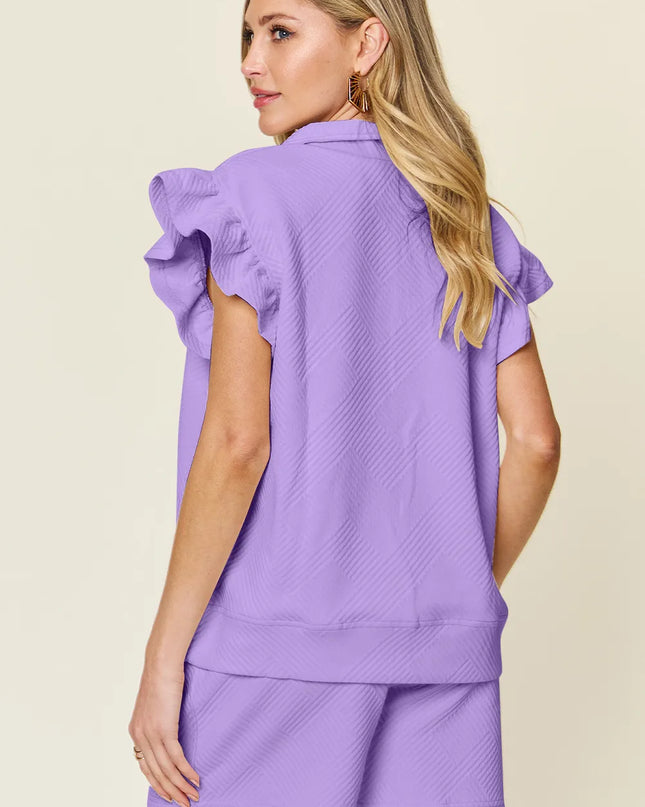 Double Take Full Size Texture Flounce Sleeve Top and Drawstring Shorts Set
