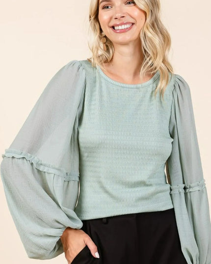 Mittoshop Mixed Media Textured Knit Chiffon Long Sleeve Top 