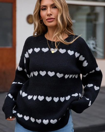 Angel Wings Heart Round Neck Long Sleeve Sweater Black