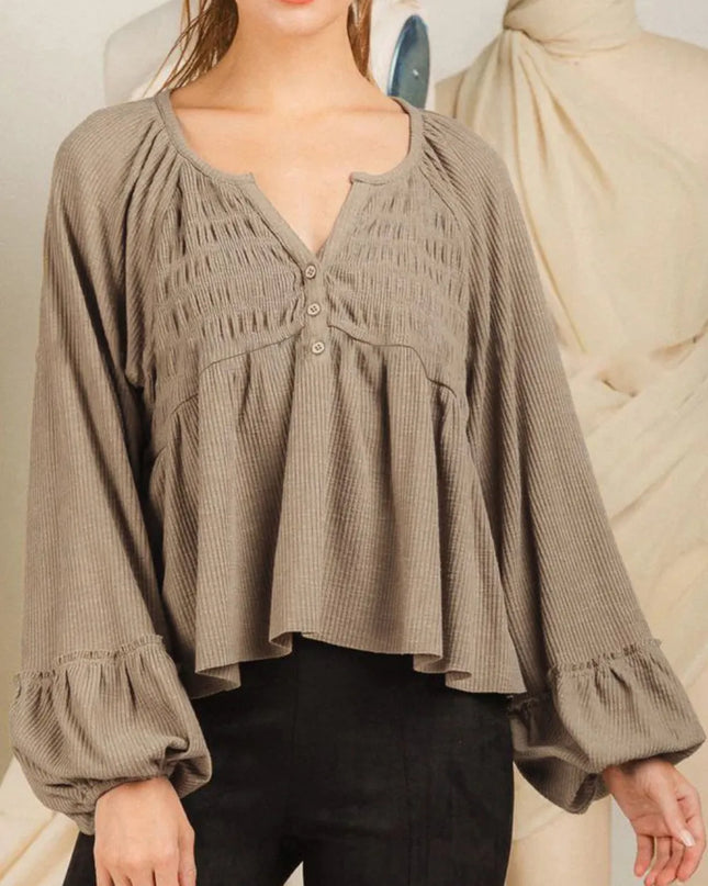 Notched Balloon Sleeve Peplum Blouse Mocha
