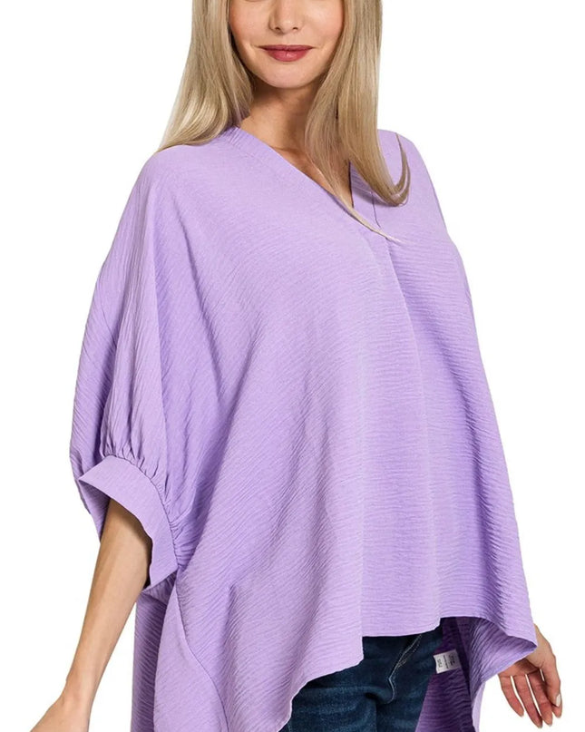 Zenana Woven Airflow V-neck Puff Half Sleeve Top 
