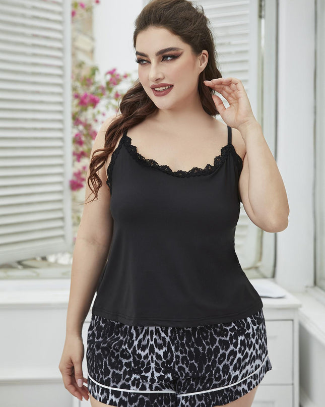 Plus Size Lace Trim Scoop Neck Cami and Printed Shorts Pajama Set