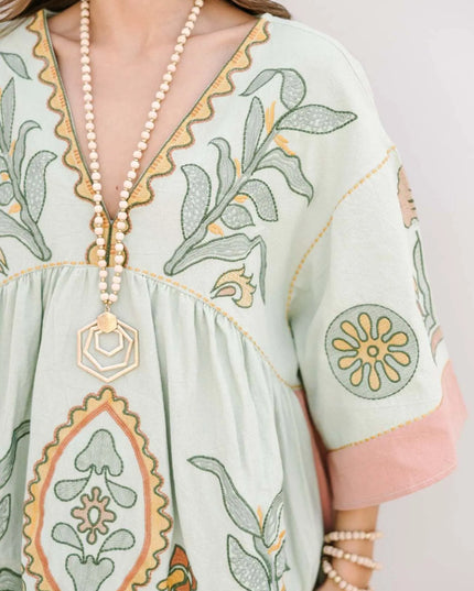 Printed V-Neck Kimono Sleeve Mini Dress