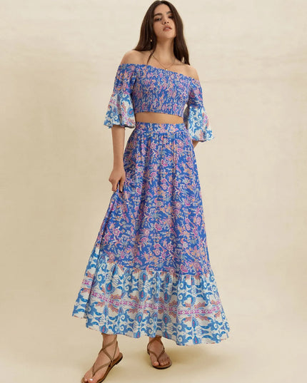 Smocked Off-Shoulder Printed Top and Skirt Set
