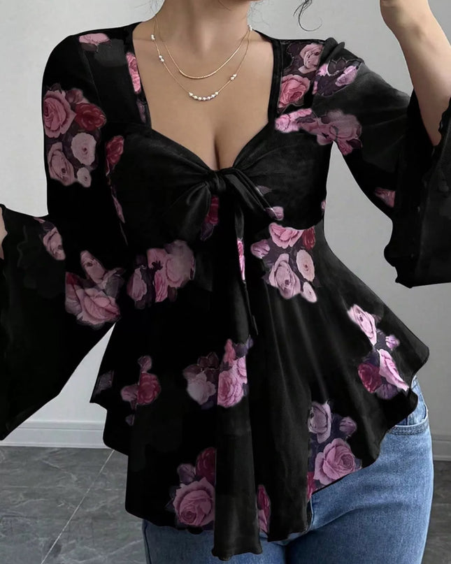 Floral Print Tie Front Flare Sleeve Blouse Black