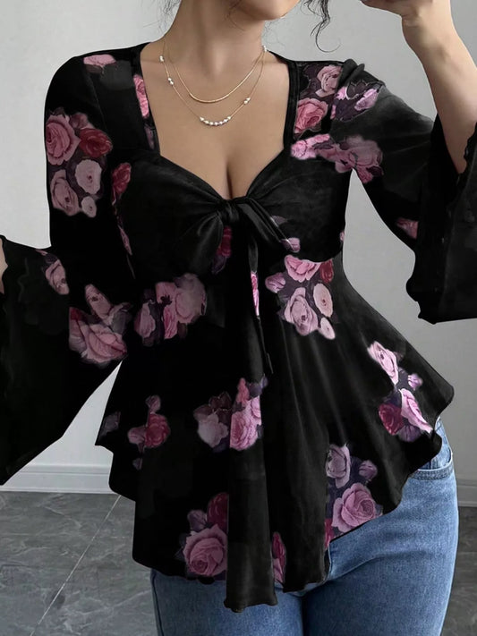 Floral Print Tie Front Flare Sleeve Blouse Black