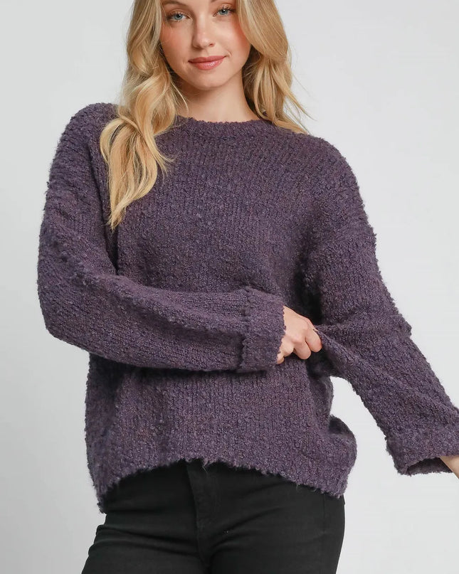 Umgee Full Size Round Neck Long Sleeve Boucle Sweater Plus Size Mauve