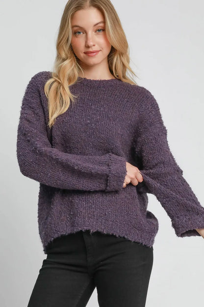 Umgee Full Size Round Neck Long Sleeve Boucle Sweater Plus Size Mauve